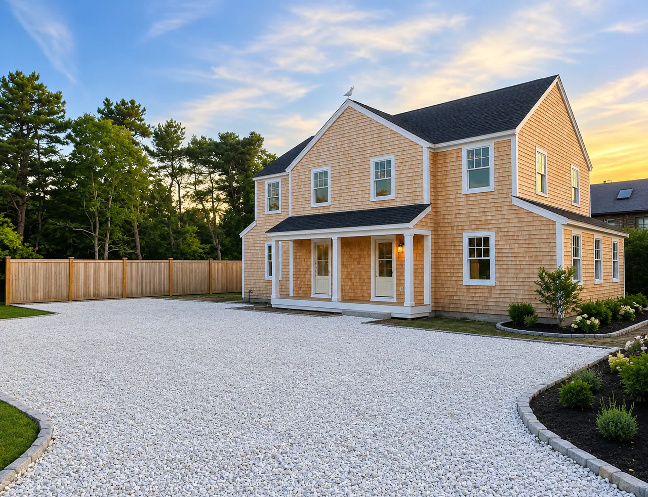 Sunset exterior of the Lot C residence at Toombs Court with cedar shingles, white trim, and a gull on the ridgeline