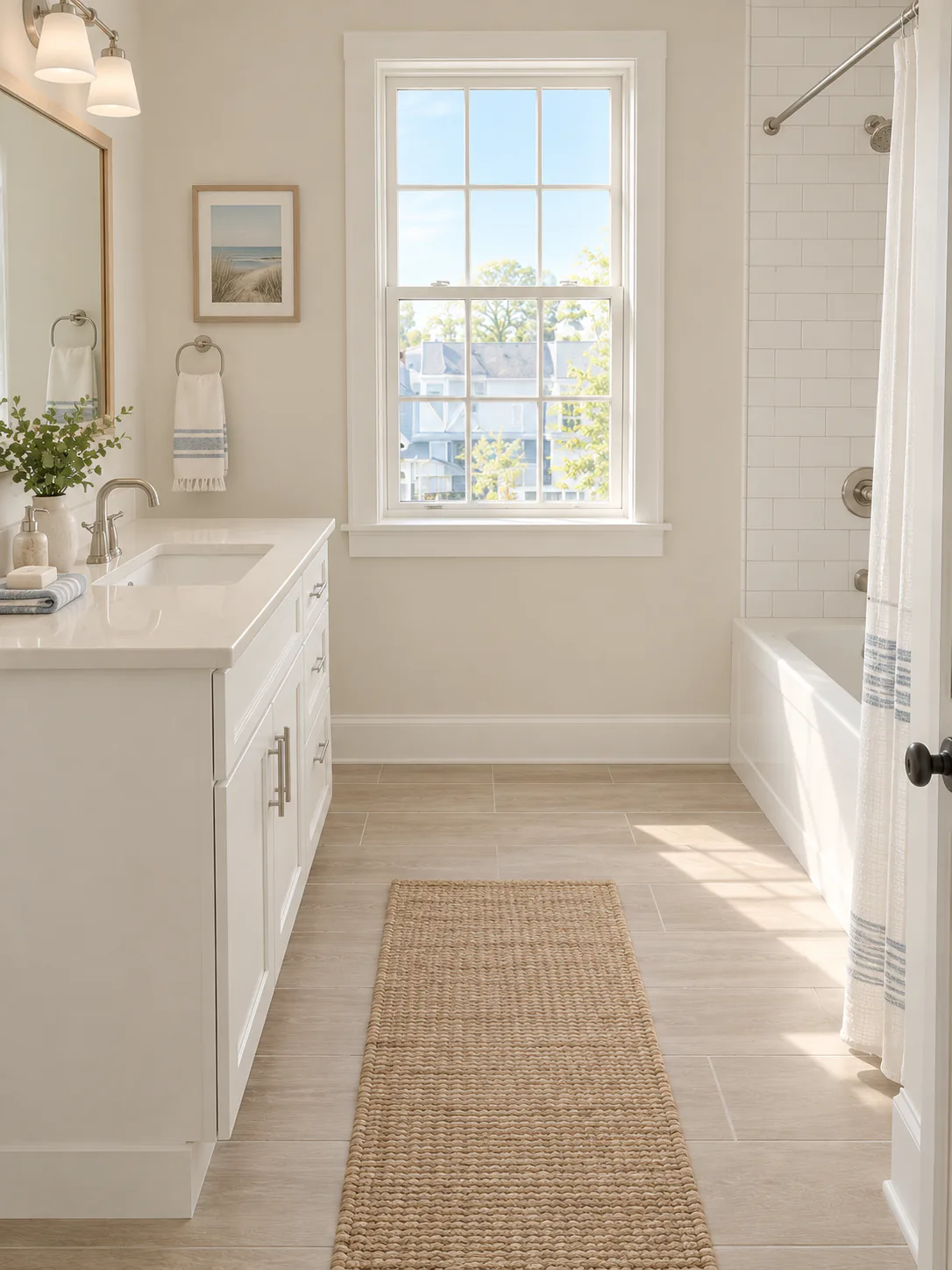 Bright coastal bathroom with single vanity, window, and tub-shower in the Toombs Court 2BR layout