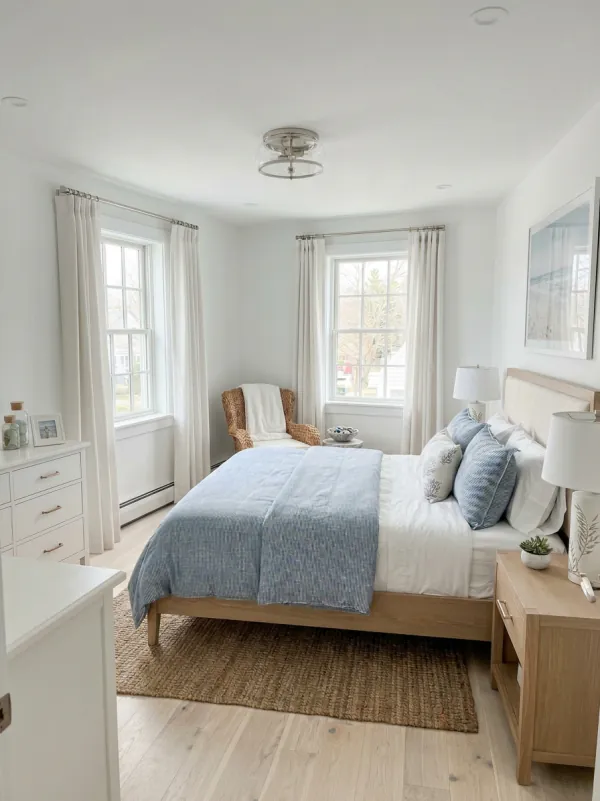 Coastal king bedroom with blue linen bedding, oak bed frame, and two windows in the Toombs Court 2BR layout