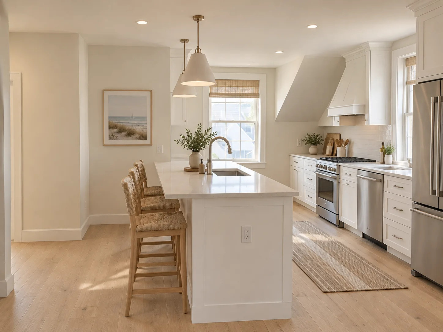 Bright Nantucket coastal kitchen with stainless appliances and woven barstools in the Toombs Court 2BR layout