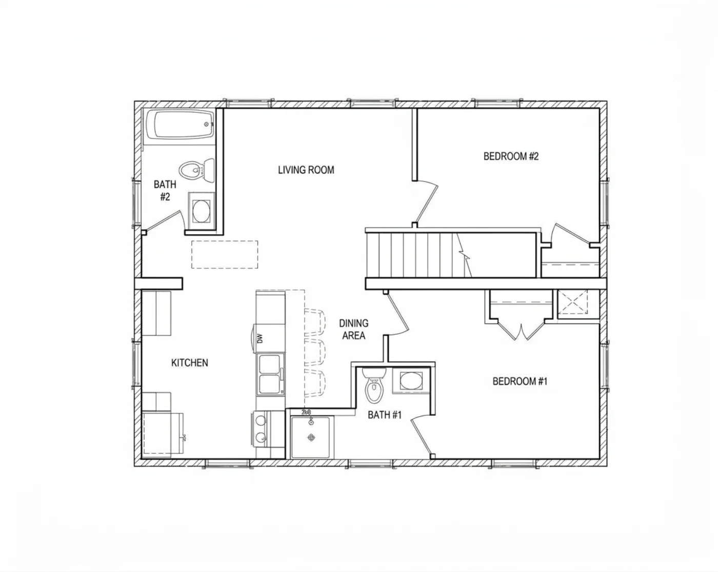 2 Bedroom floor plan — living room, kitchen, dining area, two bedrooms, and two baths