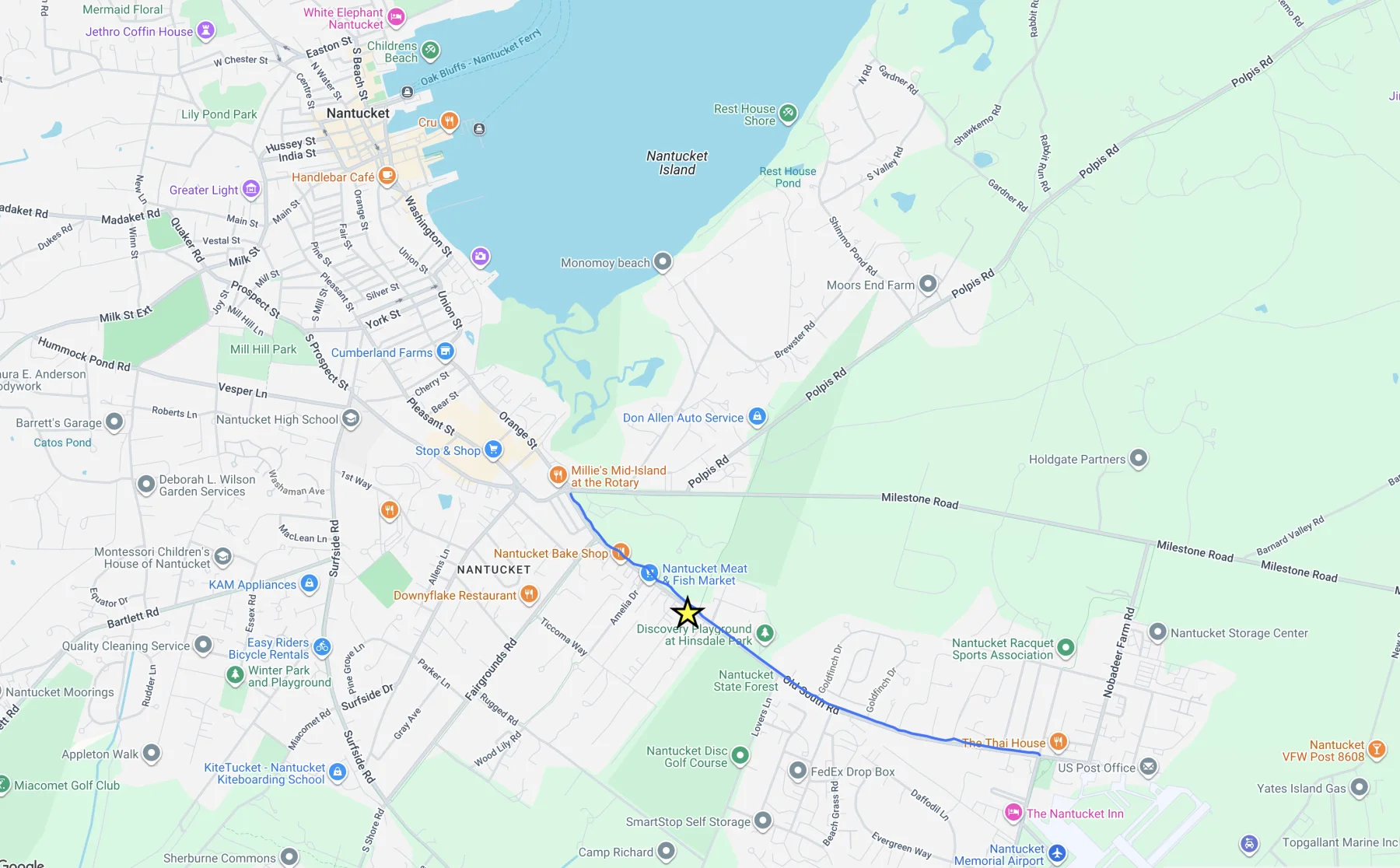 Map showing 1 Toombs Court's mid-island Nantucket location off Old South Road, near Nantucket Meat & Fish Market, Discovery Playground at Hinsdale Park, and Nantucket State Forest