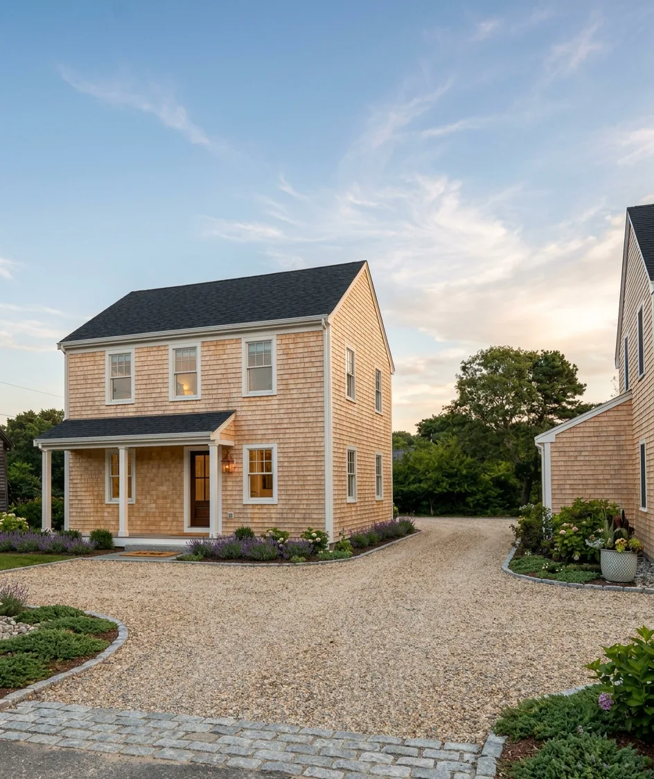 Exterior of the Lot B residence at Toombs Court at dusk, cedar shingle siding with white trim, lavender beds, and a gravel drive