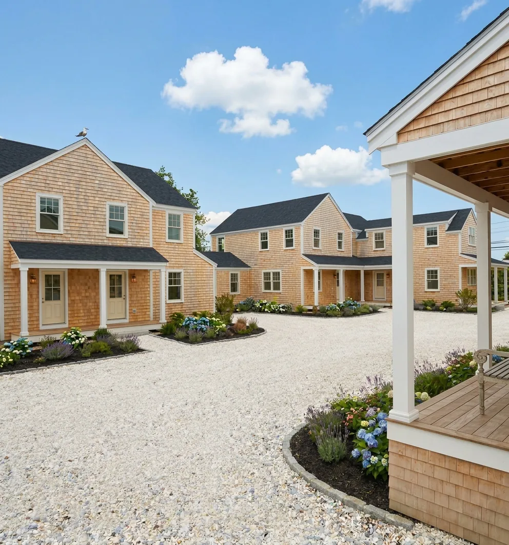 Lot C and Lot B residences at Toombs Court — cedar-shingle homes around a shared shell drive with hydrangea and lavender beds